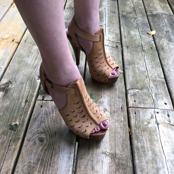 Italian Leather Platform Wood Heels Clogs Sandals - Picture 5 of 7